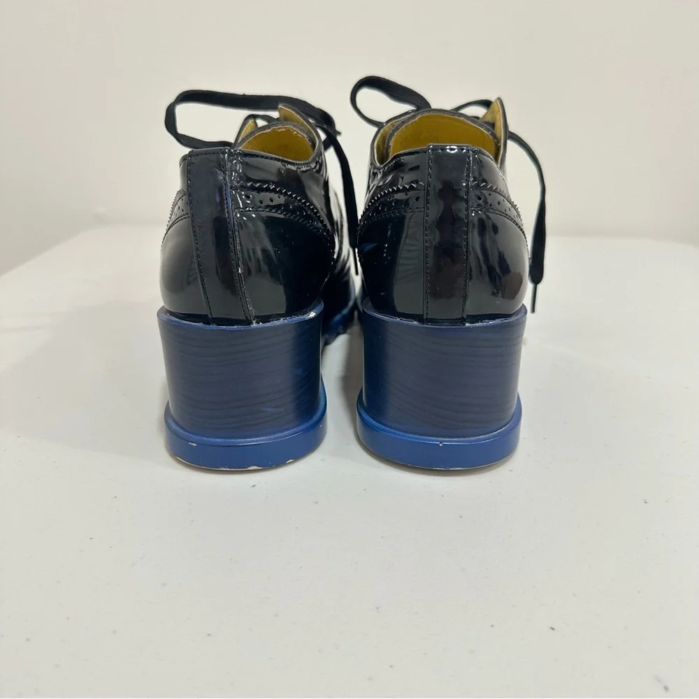 Via Pinky Black Patent Leather Platform Brogues Blue Sawtooth Sole size‎ 9,5